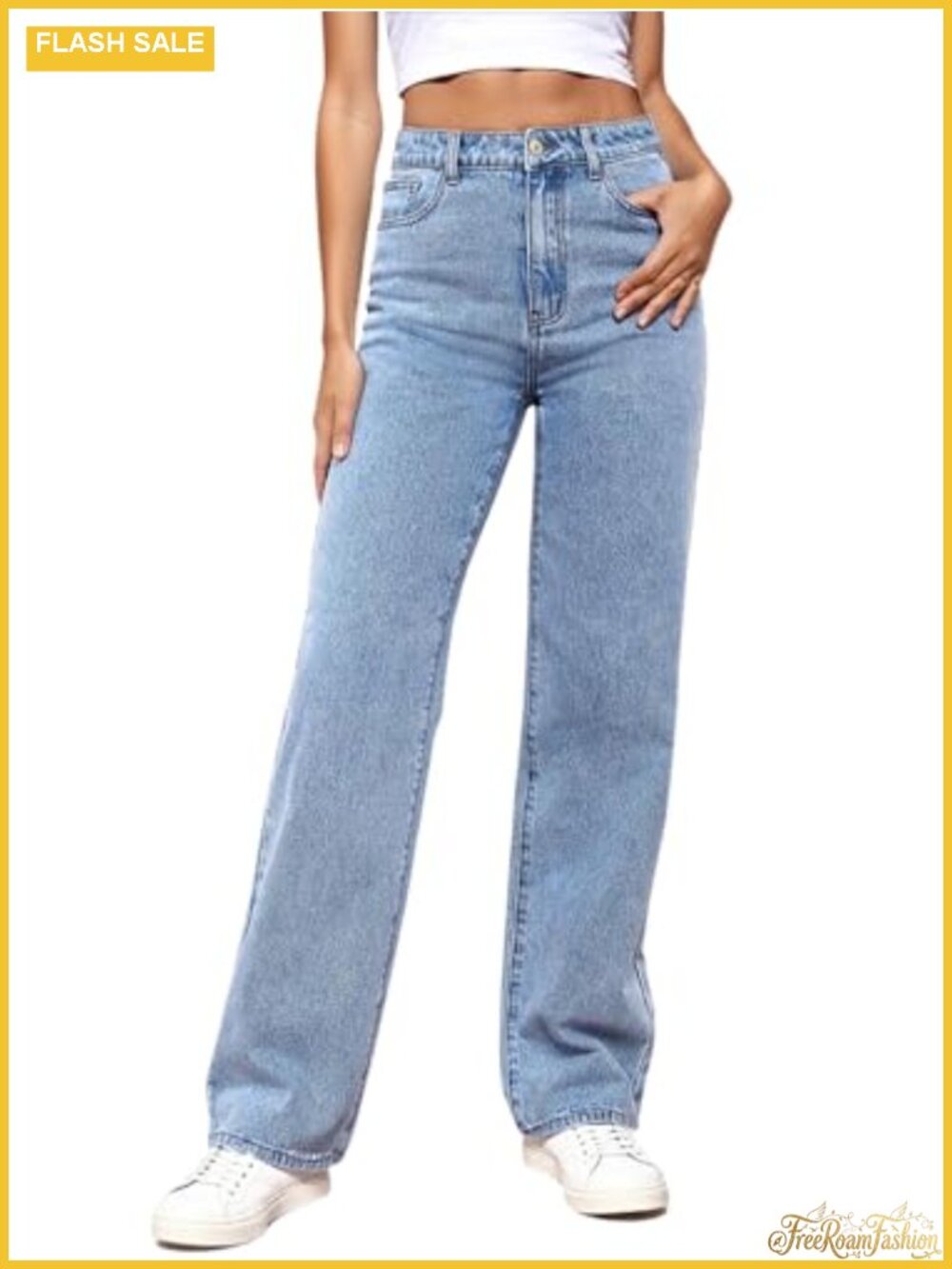 High Waisted Straight Leg Jeans Stretchy Baggy Trousers Cotton Blend
